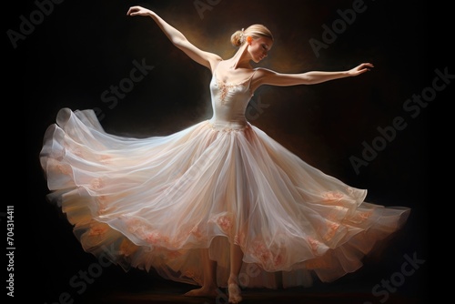 A woman in a white dress dances with grace and elegance, captivating the audience with her fluid movements, A graceful ballerina in mid-pirouette, AI Generated