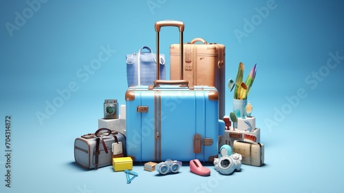 Wanderlust Journey with a Blue Background: Suitcase Packed with Travel Accessories for a Globetrotter's Adventure Across Destinations and Holidays Worldwide.