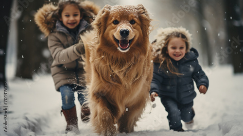 Joyful kids playing with a dog in the snowy park, generative AI