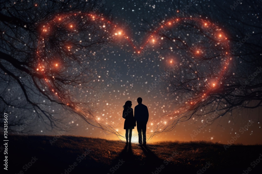 A couple stands together in front of a tree into the shape of a heart, A heart-shaped constellation in the night sky serving as a backdrop for a couple, AI Generated