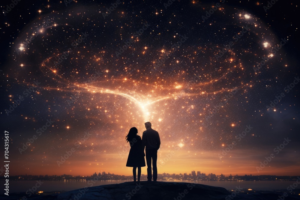 a couple standing together, gazing at a star-filled sky, immersed in a moment filled, A heart-shaped constellation in the night sky serving as a backdrop for a couple, AI Generated