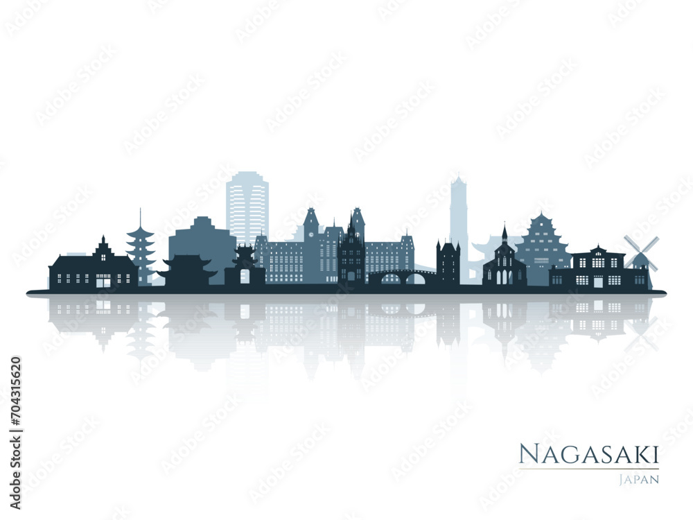 Nagasaki skyline silhouette with reflection. Landscape Nagasaki, Japan. Vector illustration.