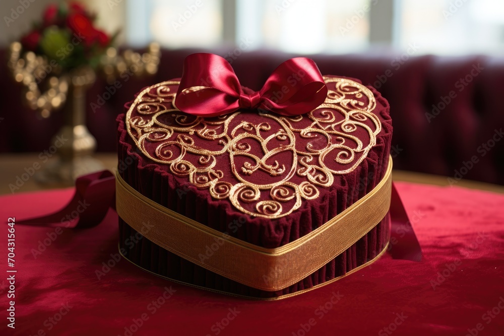 An image of a heart-shaped box with a bow on a table, A heart-shaped gift box covered in red velvet, AI Generated An image of a heart-shaped box with a bow on a table, A heart-shaped gift box covered in red velvet, AI Generated