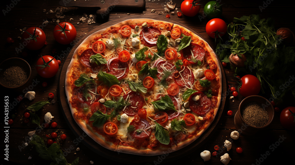 Italian pizza with bacon, olives and cheese, soft focus background