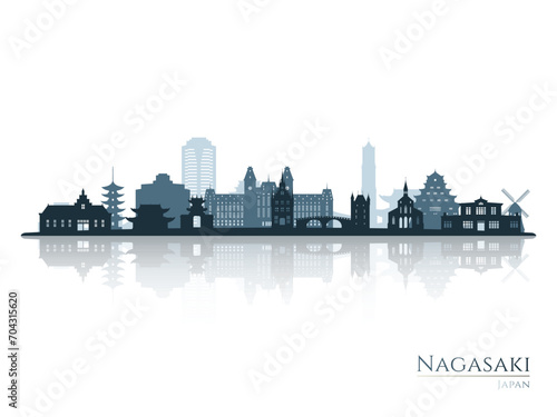Nagasaki skyline silhouette with reflection. Landscape Nagasaki, Japan. Vector illustration. © greens87