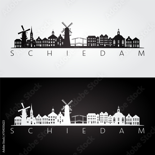 Schiedam skyline and landmarks silhouette, black and white design, vector illustration.