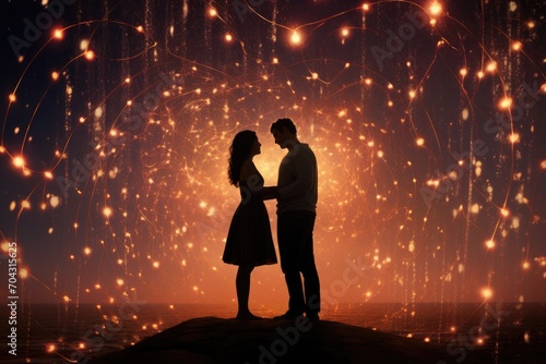 A couple stands in awe as they watch a spectacular firework display light up the night sky, A heart-shaped constellation in the night sky serving as a backdrop for a couple, AI Generated