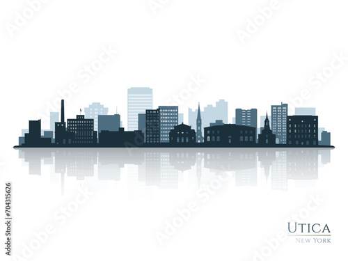 Utica skyline silhouette with reflection. Landscape Utica, New York. Vector illustration.