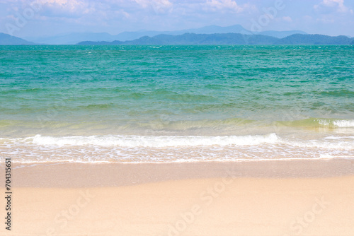 Perfect tropical sandy beach and turquoise clear sea. Time for vacation and relaxation, copy space.