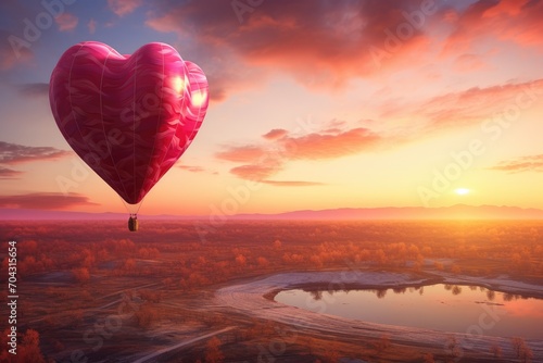 A hot air balloon gracefully soars above a tranquil lake, creating a breathtaking view with picturesque sunset, A heart-shaped hot air balloon during a sunset on Valentine's Day, AI Generated