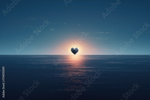 A heart shaped balloon buoyantly drifts amidst the vast expanse of the open ocean, A heart-shaped moon over a calm sea, AI Generated photo