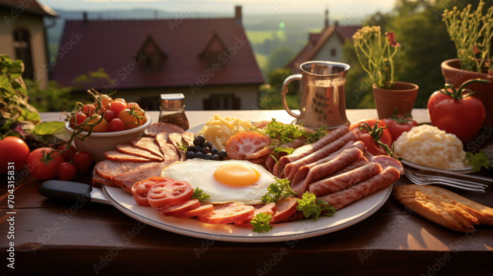Traditional French breakfast, food, meal, dish, cooking, restaurant, delicious, cuisine, grill, plate, gourmet, eggs, sousace, bacon, meat, pork, chicken, grilled, fried, sauce, cooked, 16.9