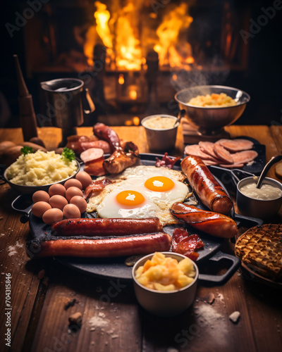 Traditional French breakfast  food  meal  dish  cooking  restaurant  delicious  cuisine  grill  plate  gourmet  eggs  sousace  bacon  meat  pork  grilled  fried  sauce  cooked  mobile format 4 5