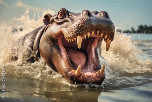 A hippopotamus pictured in the water with its mouth wide open  A hippopotamus emerging from a river with its mouth wide open  AI Generated
