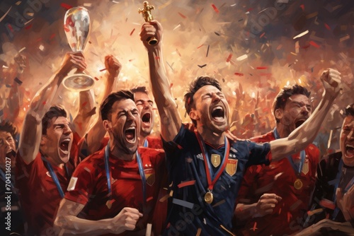 A painting depicting a group of soccer players proudly holding up their trophies in celebration, A jubilant celebration of a team winning the World Cup final, AI Generated