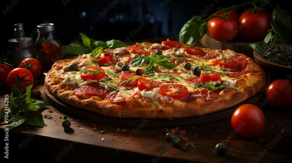 Italian pizza with bacon, olives and cheese, soft focus background