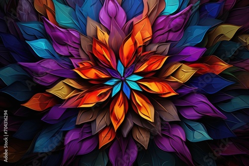 A vividly colored flower bursts to life against a dark black backdrop in this striking painting, A kaleidoscopic explosion of jewel tones in an abstract pattern, AI Generated