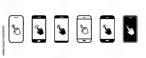 Hand touch on screen smartphone. Finger touch in phone. Vector icons set.