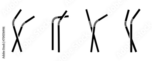 Set of plastic straws vector icons. Black straws for juice, water, cocktail. Vector 10 Eps.