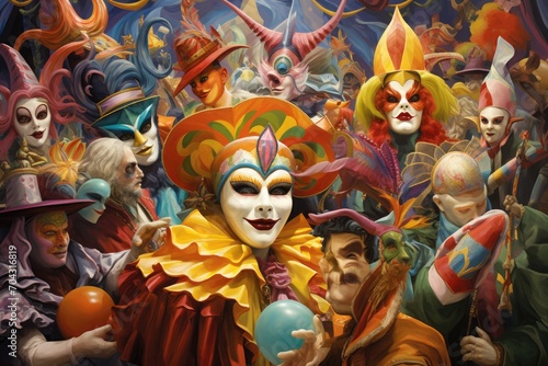 A captivating painting featuring a central clown, highlighted by a surrounding group of other clowns, A lively carnival scene with colorful masks and costumes, AI Generated