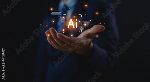 AI Technology Robotic Cyberspace Bots Artificial intelligence on the Internet is a communication assistant for online information chat services on websites. Up-to-date software development concepts photo