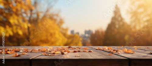view of empty wooden table with blurred autumn background, blurred view