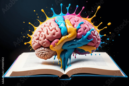Liquid Color design background fly out of the book as a fantasy. colorful brain splash Brainstorm and study concept