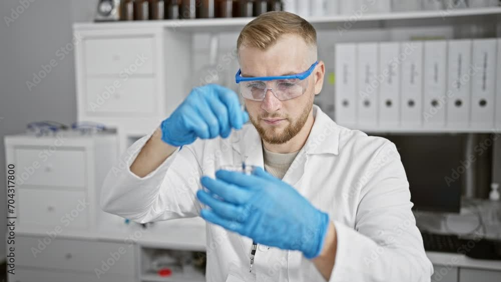 A focused bearded man conducts experiments in a modern laboratory setting while wearing protective gear. A focused bearded man conducts experiments in a modern laboratory setting while wearing protective gear.