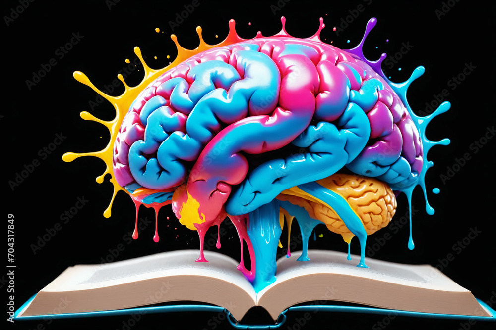 Liquid Color design background fly out of the book as a fantasy. colorful brain splash Brainstorm and study concept - obrazy, fototapety, plakaty 