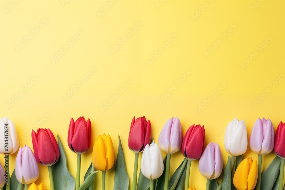 tulips frame, a Colorful bouquet of tulips on a yellow background. Flat lay, with copy space.