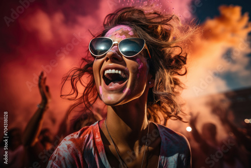 Excited woman in eyeglasses screaming in Holi party with colorful smokes