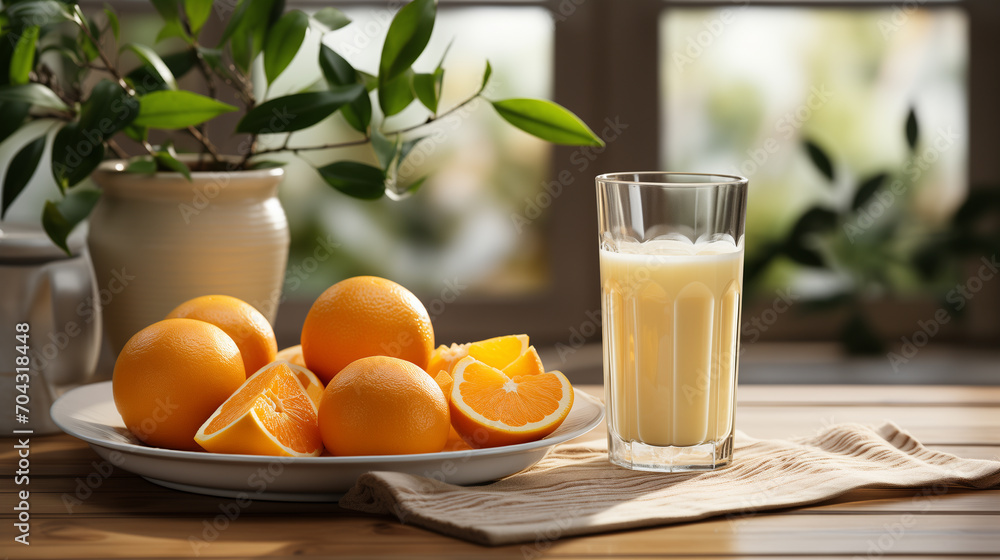 Glass of fresh citrus juice on the table near a plate with fresh fruits, soft focus background Glass of fresh citrus juice on the table near a plate with fresh fruits, soft focus background