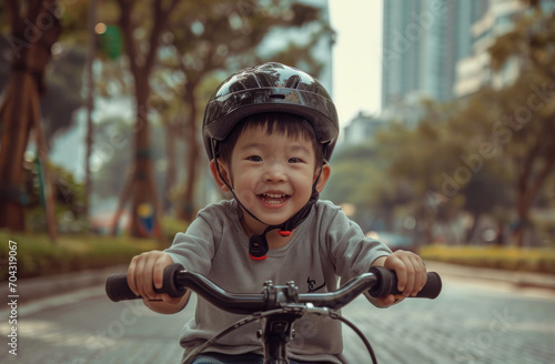 a young boy riding his bicycle in city