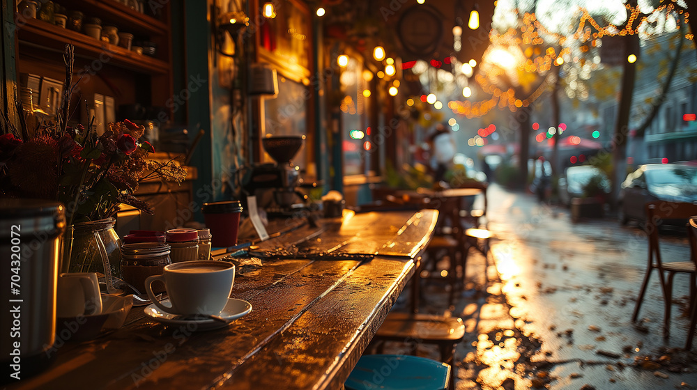 cup of coffee on the street in the evening sunset cup of coffee on the street in the evening sunset