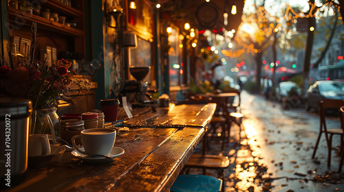cup of coffee on the street in the evening sunset