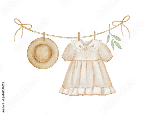 Watercolor illustration of baby clothing on the clothesline. Hand painted dress on white background. Clipart for greeting card, baby shower invitation, social media post
