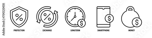 Money, Smartphone, Longterm, Exchange, Protection editable stroke outline icons set isolated on white background flat vector illustration. photo
