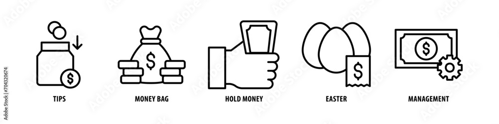 Management, Easter, Hold money, Money Bag, Tips editable stroke outline icons set isolated on white background flat vector illustration. Management, Easter, Hold money, Money Bag, Tips editable stroke outline icons set isolated on white background flat vector illustration.