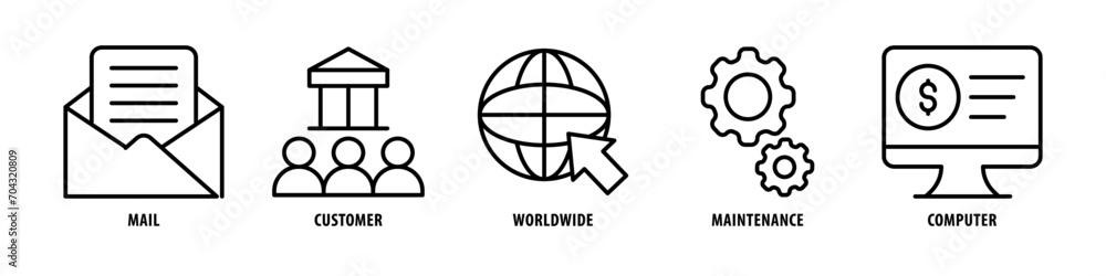 Computer, Maintenance, Worldwide, Customer, Mail editable stroke outline icons set isolated on white background flat vector illustration. Computer, Maintenance, Worldwide, Customer, Mail editable stroke outline icons set isolated on white background flat vector illustration.