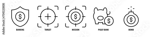 Bomb, Piggy Bank, Mission, Target, Banking editable stroke outline icons set isolated on white background flat vector illustration.