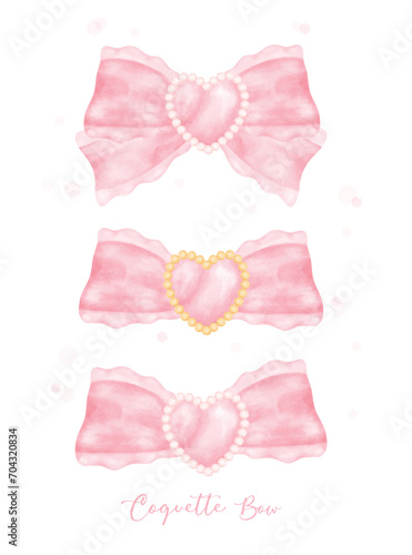 Cute coquette aesthetic pink bows in vintage ribbon style watercolor collection.
