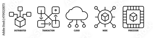 Processor, Node, Cloud, Transaction, Distributed editable stroke outline icons set isolated on white background flat vector illustration.