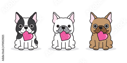 dog french bulldog valentine heart icon cartoon character puppy pet sitting smile logo breed illustration doodle symbol vector
