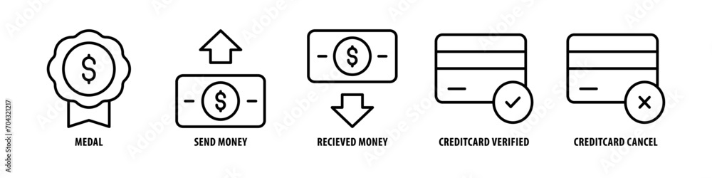 Credit card Cancel, Credit card Verified, Received Money, Send Money, Medal editable stroke outline icons set isolated on white background flat vector illustration. Credit card Cancel, Credit card Verified, Received Money, Send Money, Medal editable stroke outline icons set isolated on white background flat vector illustration.