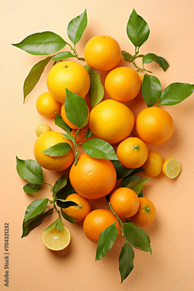 Citrus decorated with citrus leafs on a light orange background Citrus decorated with citrus leafs on a light orange background
