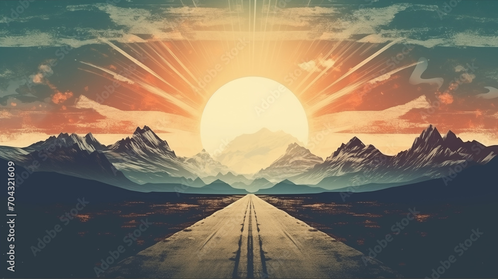 Abstract art background of the road lead to the mountains in retro style 