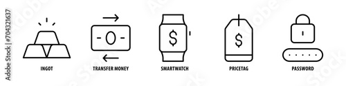 Password, Pricetag, Smartwatch, Transfer money, Ingot editable stroke outline icons set isolated on white background flat vector illustration.