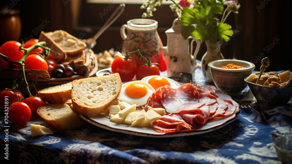 Traditional Italian breakfast, food, meal, dish, cooking, restaurant, delicious, cuisine, grill, plate, gourmet, table, bread, eggs, prosciutto, ham, tomato condiments, vegetable, healthy, 16:9 Traditional Italian breakfast, food, meal, dish, cooking, restaurant, delicious, cuisine, grill, plate, gourmet, table, bread, eggs, prosciutto, ham, tomato condiments, vegetable, healthy, 16:9