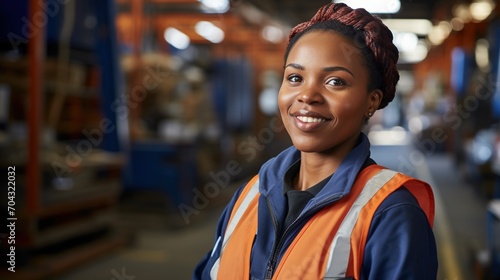 Portrait of a smiling African American woman wearing a hard hat and safety vest in a warehouse © duyina1990