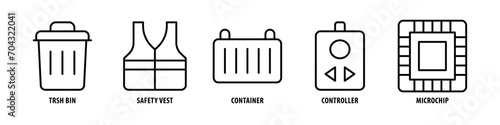 Helmet, Crane, Screw Driver, Mechanic, Oil Barrel editable stroke outline icons set isolated on white background flat vector illustration.